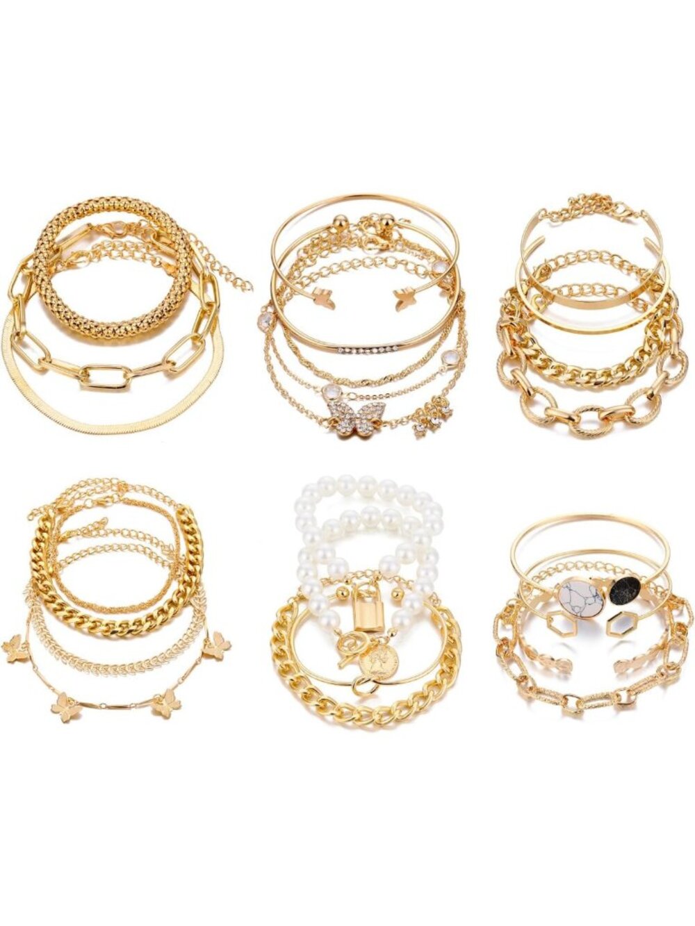 Boho Gold Chain Bracelet Set - 6 Pack 14K Gold Plated Layered Cuff Bangles for